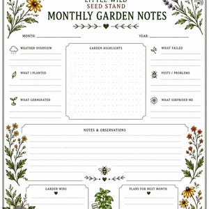 May include: A white paper garden planner titled LITTLE WILD SEED STAND MONTHLY GARDEN NOTES. It features botanical illustrations of flowers, a sun, a bee, and a potted plant. Sections include weather, planting, pests, and notes with the text GOOD SOIL. GOOD SEEDS. GOOD THINGS GROW.