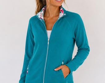 Tommy Bahama Floral Trim Full Zip Sweatshirt Jacket Teal Oversized NWOT