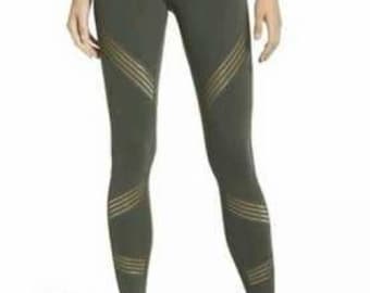 ALO Yoga Olive Green Leggings with Gold Accent Stripes NWOT