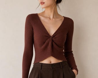 Abercrombie & Fitch Ribbed Twist-Front Crop Top - Chocolate Brown NWOT