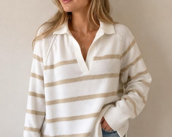 Suéter de cuello en V a rayas color crema y beige de Aerie