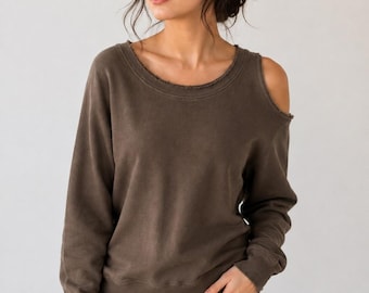 RtA One Shoulder Raw Edge Sweatshirt Olive Brown French Terry Size S