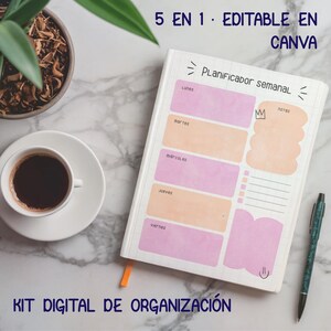 May include: A weekly planner page with text reading Planificador semanal, featuring pink and orange rectangular sections for days of the week, a notes section, and a checklist. The page includes a crown and smiley face icon, with 5 EN 1 EDITABLE EN CANVA and KIT DIGITAL DE ORGANIZACIÓN text.