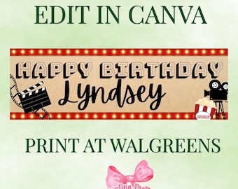 Editable birthday banner template, Custom canva sign, 2x6 ft printable party banner, kraft paper backdrop, movie theater, marquee theme