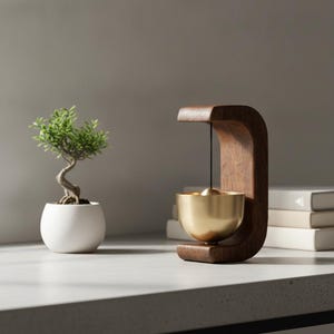 Modern Meditation Bell, Solid Brass Chime, Walnut Wood Stand, Zen Desk Gong