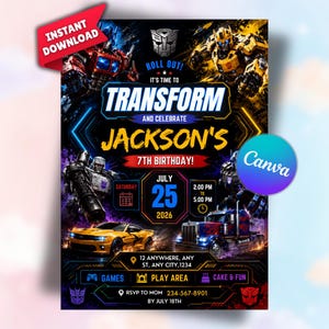 May include: A Transformers-themed birthday invitation flyer featuring Optimus Prime, Bumblebee, and Megatron. The text reads: Roll Out! It's Time To Transform And Celebrate Jackson's 7th Birthday! July 25, 2026, 2:00 PM to 5:00 PM, 12 Anywhere, Any St, Any City, 1234.
