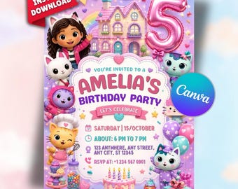 Gabby's Dollhouse Birthday Invitation | Girls Birthday Party Invite | Canva Template | Digital Download