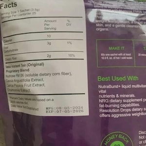 May include: A purple supplement pouch featuring a Supplement Facts label with a serving size of 3.5g. The label lists 10 calories, 3g of total carbohydrates, and 2g of dietary fiber. It includes instructions to mix one sachet with 16.9 fl. oz. of water.