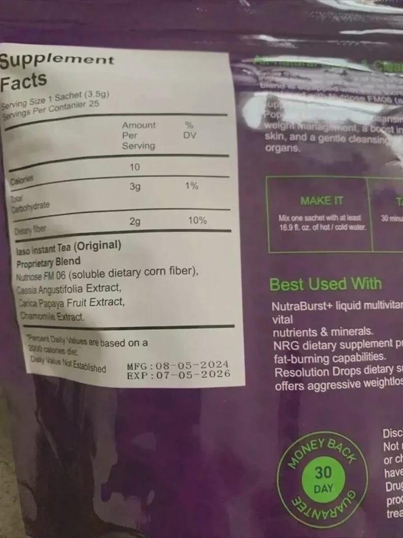 May include: A purple supplement pouch featuring a Supplement Facts label with a serving size of 3.5g. The label lists 10 calories, 3g of total carbohydrates, and 2g of dietary fiber. It includes instructions to mix one sachet with 16.9 fl. oz. of water.
