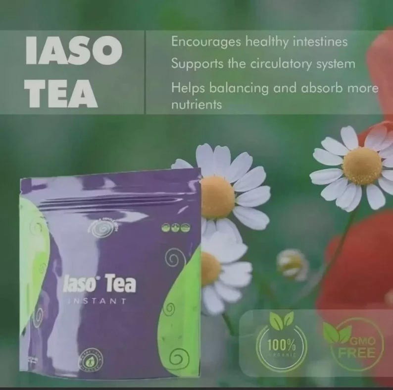 May include: A purple and light green pouch of Iaso Tea Instant. The text reads: IASO TEA, Encourages healthy intestines, Supports the circulatory system, Helps balancing and absorb more nutrients. Includes 100% Organic and GMO Free logos.