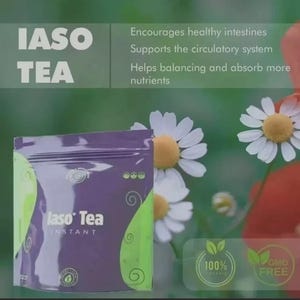 May include: A purple and green pouch of Iaso Tea Instant with white text. The packaging features the text IASO TEA, Encourages healthy intestines, Supports the circulatory system, Helps balancing and absorb more nutrients, 100% organic, and GMO FREE.