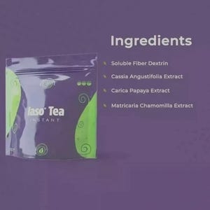 May include: A purple and green pouch of Iaso Tea Instant with a list of ingredients printed to the right. The ingredients listed are Soluble Fiber Dextrin, Cassia Angustifolia Extract, Carica Papaya Extract, and Matricaria Chamomilla Extract.