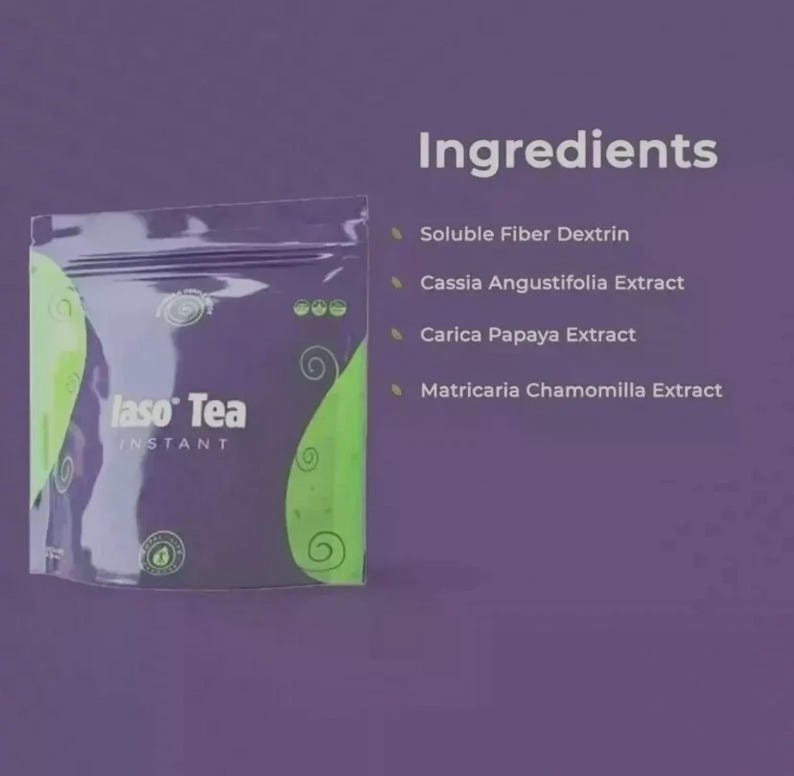 May include: A purple and green pouch of Iaso Tea Instant with a list of ingredients printed to the right. The ingredients listed are Soluble Fiber Dextrin, Cassia Angustifolia Extract, Carica Papaya Extract, and Matricaria Chamomilla Extract.