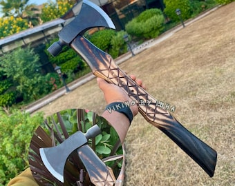 Handmade Tomahawk Axe, Carbon Steel Head, Engraved Ash Wood Handle, Leather Sheath (Viking Style)