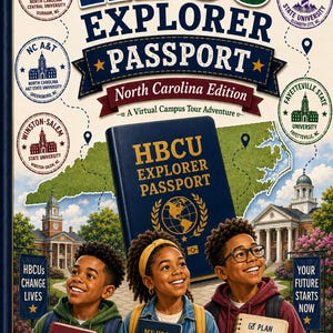 May include: A book cover titled HBCU Explorer Passport North Carolina Edition featuring three children holding smaller books. The cover displays university logos, a map, and the text Explore, Learn, Lead, Plan, Discover, Dream, Achieve, and Your Future Starts Now.