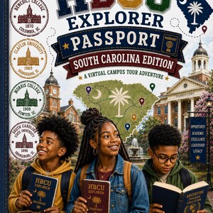 May include: A book titled HBCU Explorer Passport South Carolina Edition featuring a collage of university seals, a map of South Carolina, and three young people holding passports and a book. The cover includes the text Explore, Learn, Dream, Achieve.