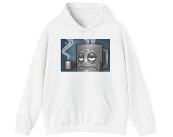Sleepy Coffee Mug Illustration Hoodie | Tired Robot Coffee Shirt
