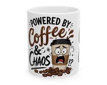 Mogelijk gemaakt door Coffee & Chaos-mok | Grappige koffiekop, ontwerp cartoon meeneembeker