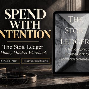 May include: A digital 17-page PDF workbook titled The Stoic Ledger: A Philosophical Framework for Financial Sovereignty. The text Spend With Intention is displayed in large font alongside a tablet screen showing the workbook cover design.