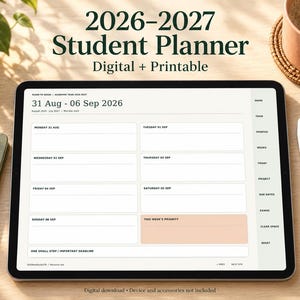 Puede incluir: Una tableta digital que muestra un planificador estudiantil 2026-2027 con un diseño semanal del 31 de agosto al 6 de septiembre de 2026. La pantalla presenta una interfaz limpia con pestañas de navegación a la derecha: Home, Term, Months, Weeks, Today, Project, Due Dates, Exams, Clear Space y Reset.