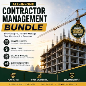 May include: An All-In-One Contractor Management Bundle digital document featuring text about managing projects, tracking costs, billing, and dashboard reports. The design includes a construction site image with a crane and building frame.