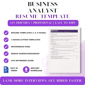 Könnte beinhalten: Eine Business Analyst Lebenslaufvorlage mit einer weißen Dokumentenvorschau und violetten Akzenten. Der Text enthält Business Analyst Resume Template, ATS Friendly, 1- und 2-seitige Vorlagen, 4 Anschreiben-Vorlagen, Referenzen und Ressourcen.