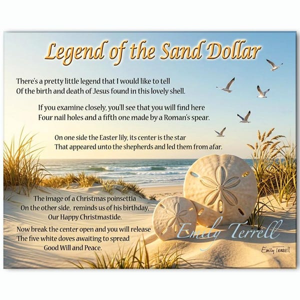 Sand Dollar Poem Print: Beach Wall Art, Legend of the Dollar, Ceramic Tile