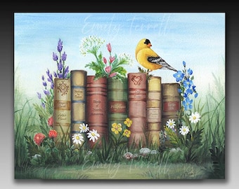 Books Flowers Bird Art Print: Goldfinch, Garden flowers, nature theme