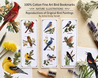 3 Fine Art Bookmarks: Books, 100% Cotton Prints, Cardinal, Bluebird, Bluejay, Oriole, Journals, Scrapbooking paper