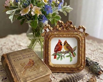 Miniature Cardinal Couple: Miniature Gold Frame Print Bird, Ceramic Tile