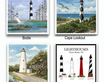 4x4 Lighthouse Ceramic tile: Wall Decor, Tabletop Easel Nautical Decor, 8 Atlantic Coastal Lighthouses,
