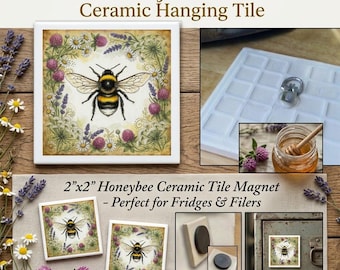Bee Botanical Art: Ceramic Tile Magnet, Tabletop, Wall decor, Honeybee Print