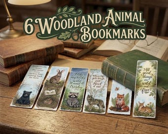 Set of 6 Woodland Animal Bookmarks: Mini Wildlife Art prints, Readers, Books, Scrapbooks, Journals