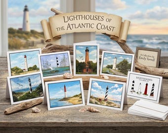 Atlantic Lighthouses Note Card Sold Individually or Box Set: Illustrated Stationery with Historical Facts