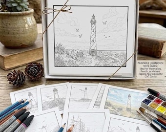 Paintable Watercolor Lighthouses Kit: Note Cards Box Set, Atlantic Coast, Nautical gifts