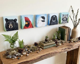 Canvas Wildlife Paintings; Original Acrylic portraits of Bear, Crow, Chickadee, Cardinal and Raccoon