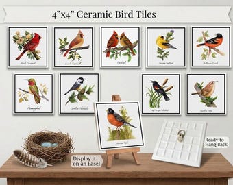 23 Individual Bird Art Ceramic tiles: Wall Decor, Illustrations, Collection, Tabletop Easel
