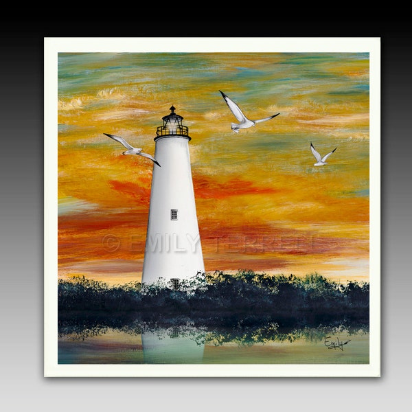 Ocracoke White Lighthouse Ceramic Tile Coasters Art Prints Beach Ocean Gift Giftware Accessory Table top Home Living Drinkware Barware Tiles