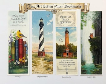 Fine Art Paper Bookmark: Lighthouses, Fairies, Books, Goldfinch Bird, 100% Cotton Prints, Crafting Supplies