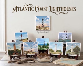 4x4 Lighthouse Ceramic tile: Wall Decor, Tabletop Easel Nautical Decor, 8 Atlantic Coastal Lighthouses