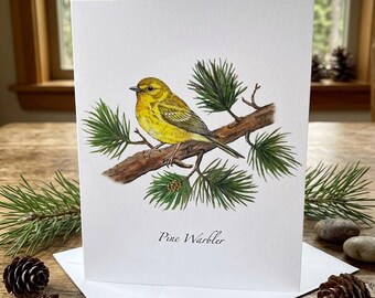 Yellow Pine Warbler Bird: Watercolor Bird Print, Fine art paintings, Greeting Cards