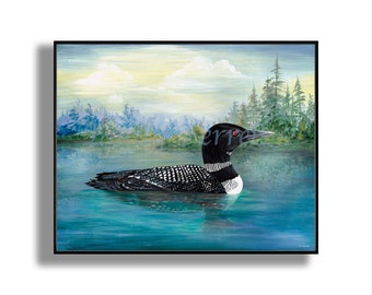 Loon Waterfowl Duck,  Loon Print, Ceramic Tile Art Loon, Watercolor effect, Framed, Waterfowl, Loon Prints, Ducks, Framed Loon Duck Print