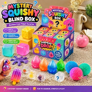 Könnte beinhalten: Eine Mystery Squishy Blind Box Verkaufsverpackung mit bunten Grafiken und Text, umgeben von verschiedenen squishy Fidget-Spielzeugen, darunter Würfel, Eis am Stiel, eine Ente, eine Klecksform und strukturierte Kugeln in leuchtenden Farben.