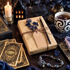 May include: A rectangular gift wrapped in brown paper, tied with twine, and decorated with blue flowers and a blank tag. Beside it are black and gold tarot cards, a black pen, a white mug with black swirls, a candle, and a purple crystal.