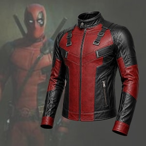Deadpool-inspirerad läderjacka, röd svart cosplay-kostym, Comic Con-outfit