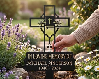 Memorial Cross Stake with Praying Hands, Custom Metal Grave Marker, Sympathy Remembrance Sign