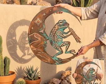 Frog Moon Metal Wall Art, Celestial Face Decor, Copper Patina Sculpture, Garden Hanging