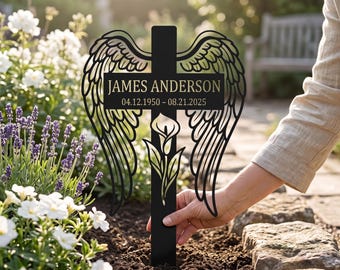 Angel Wings Memorial Cross, Custom Grave Decoration, Christian Memorial Gift
