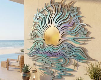 Decoración de pared de metal con temática costera, decoración de atardecer en el océano, adorno de pared para casa de playa.