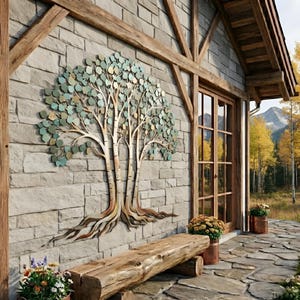May include: A large metal wall art sculpture of a tree with a textured trunk and numerous rounded leaves in shades of green and copper. The tree is mounted on a light gray stone wall next to a wooden door frame, a log bench, and potted flowers.